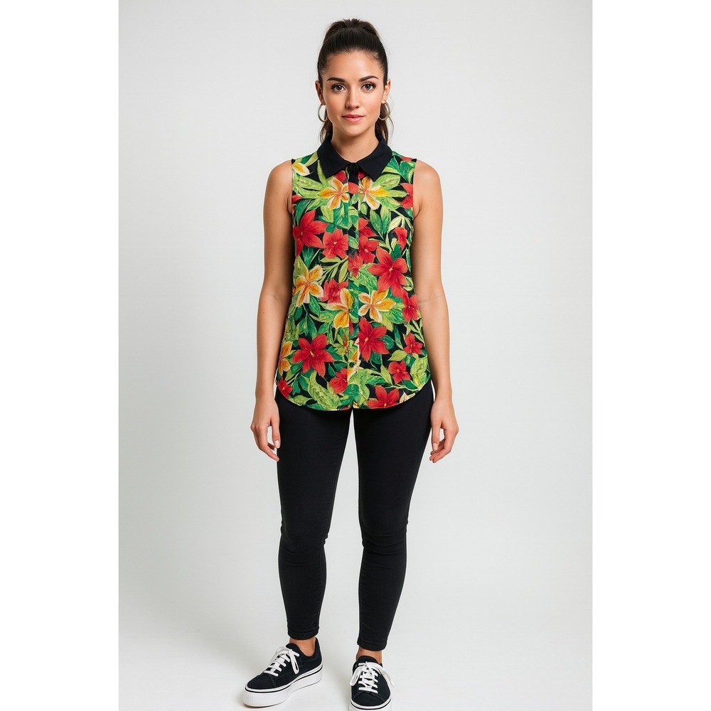 90s Y2K-inspired Black Pink Green Tropical Sleeveless Button Down Blouse Sz XL